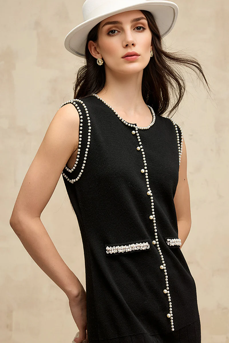 French Sleeveless Handmade Embellished Knit Midi Dress - HBQMJX
