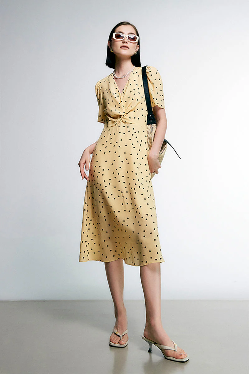 Yellow 100 Heavy Silk Crepe Polka Dot Midi Dress - HBQMJX