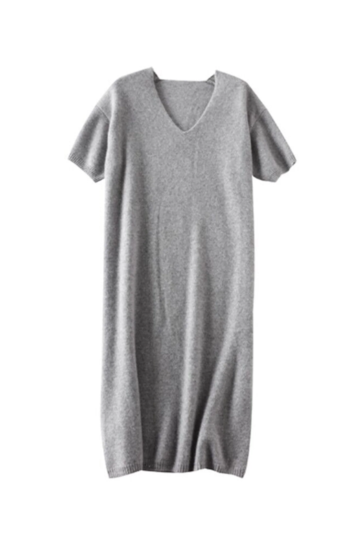 100% Wool Short Sleeve V-Neck Midi Sweater Dress - HBQMJX