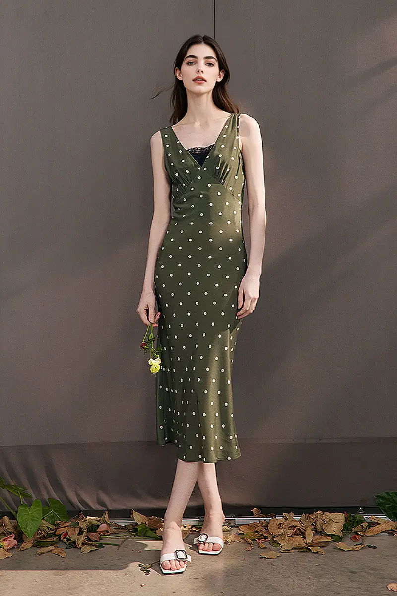 100 Silk Polka Dot Bias-Cut Midi Dress in Olive Green - HBQMJX