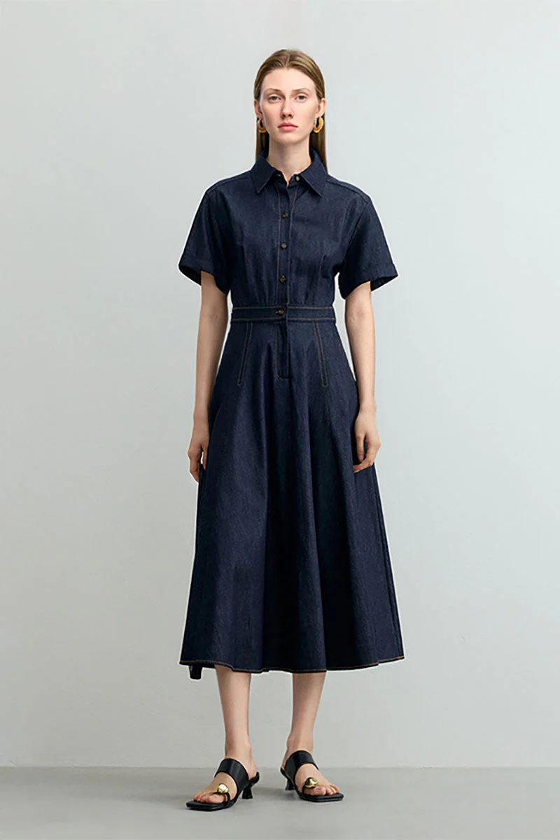 Tencel Denim Short-Sleeve Button-Up Midi Shirt Dress - HBQMJX
