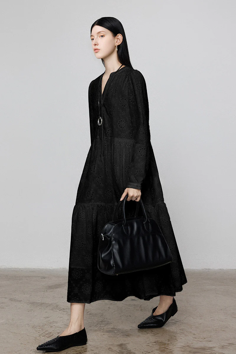 Tiered A-Line Long-Sleeve V-Neck Broderie Midi Dress with Front Buttons - HBQMJX