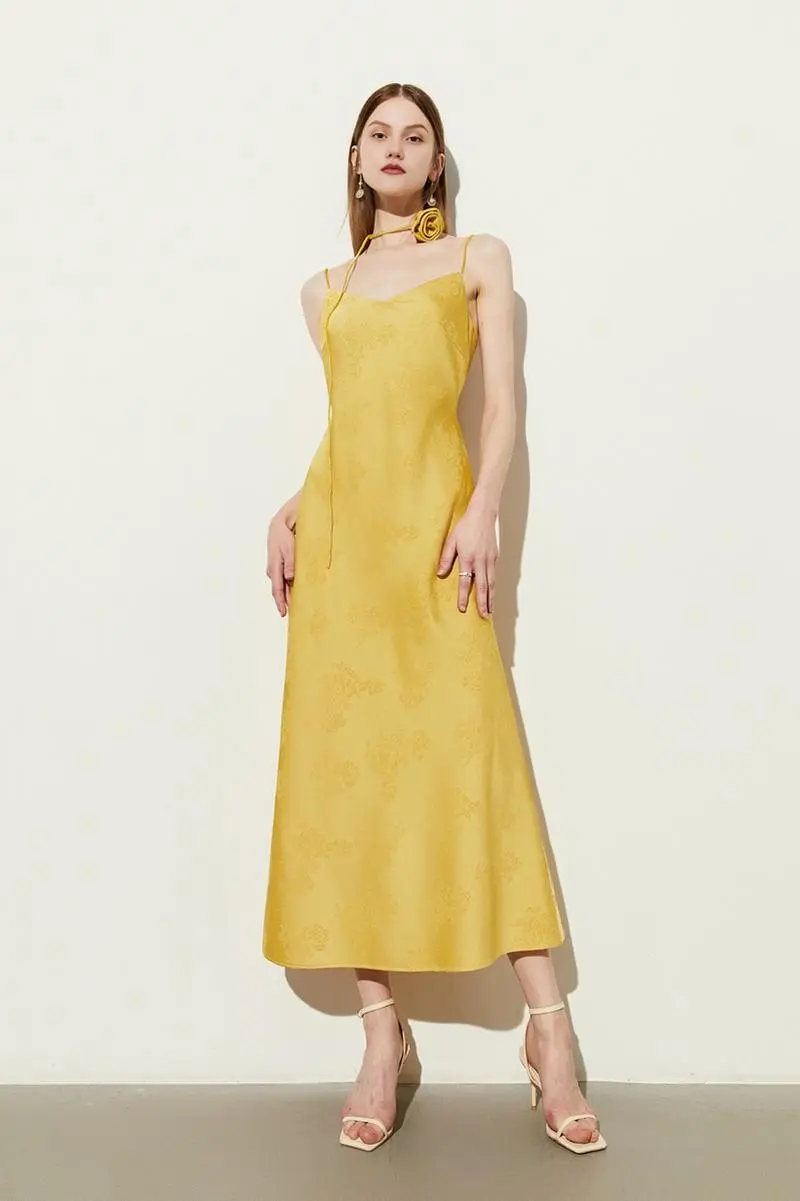 Elegant Jacquard Satin Slip Maxi Dress - HBQMJX