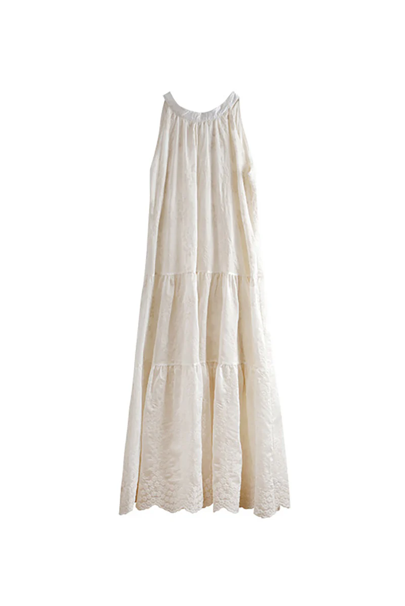 Ivory Embroidered Halter-Neck Tiered Midi Dress with Lace Hem - HBQMJX