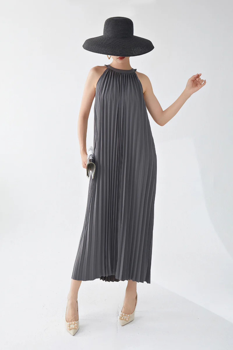 Designer Inspired Pleated Flowy Halter-Neck Midi Dress in Grey - HBQMJX