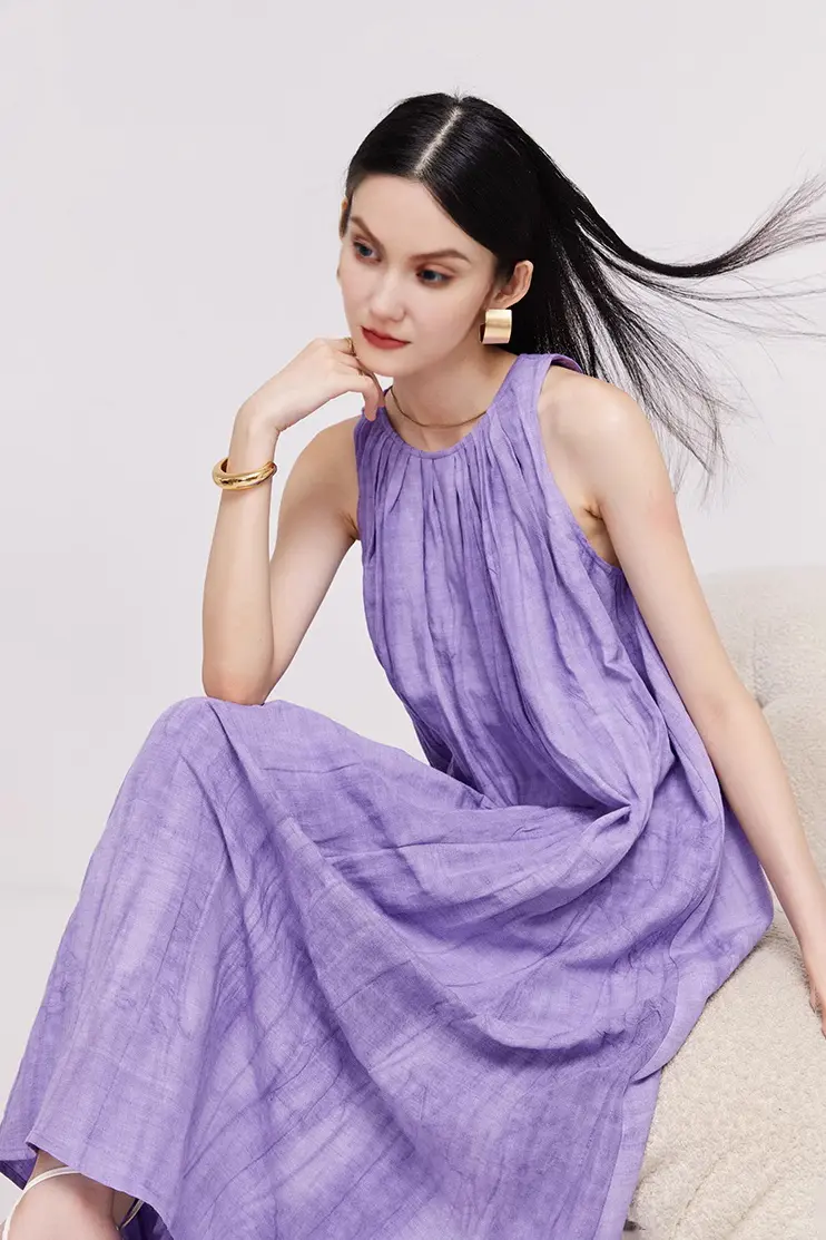 Tie Dye Sleeveless Linen Midi Dress - HBQMJX