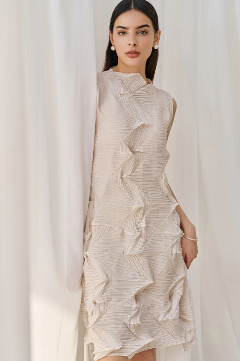 Designer Inspired Pleated Sleeveless Midi Dress in Beige - HBQMJX