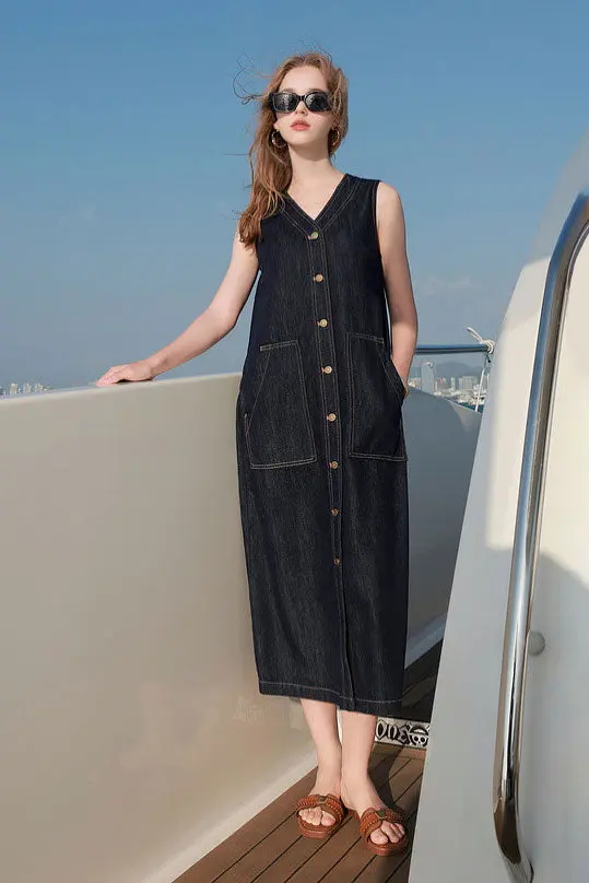 Denim V-Neck Vest Midi Dress with Pockets - HBQMJX