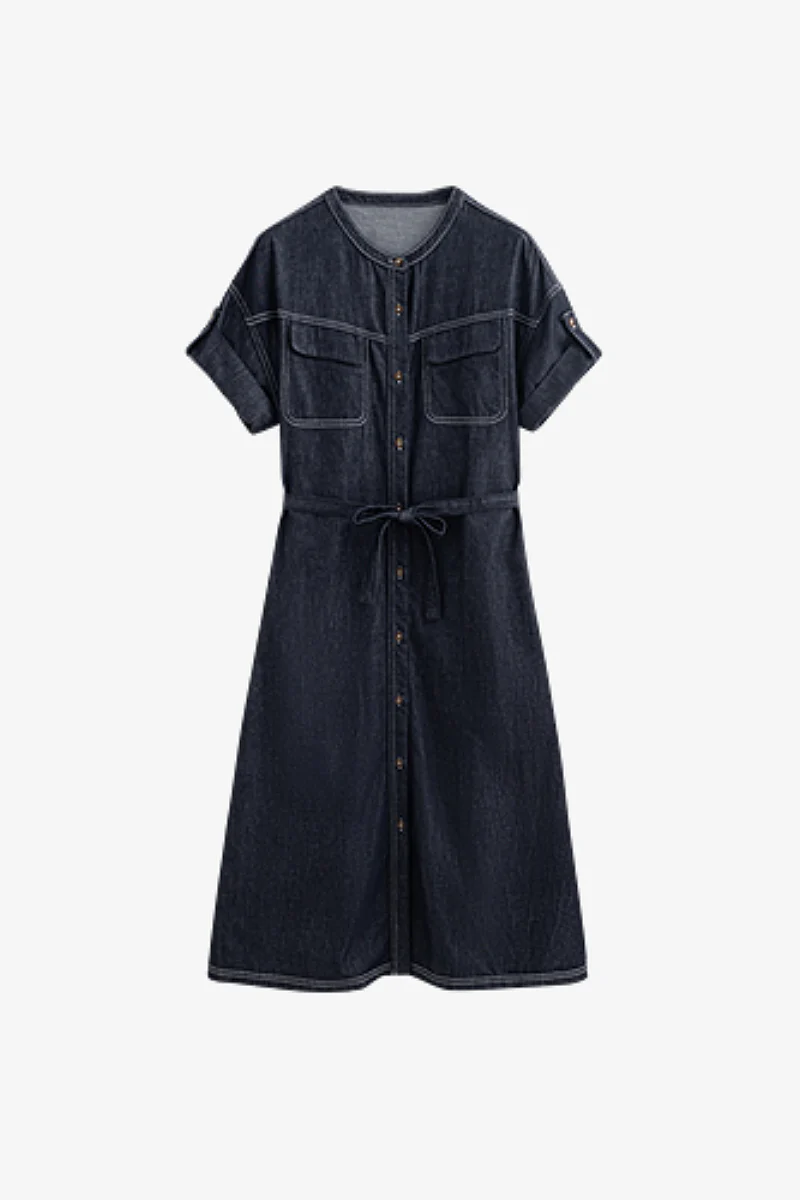 Denim Short-Sleeve Button-Up Belted Midi Shirt Dress with Back Slit - HBQMJX
