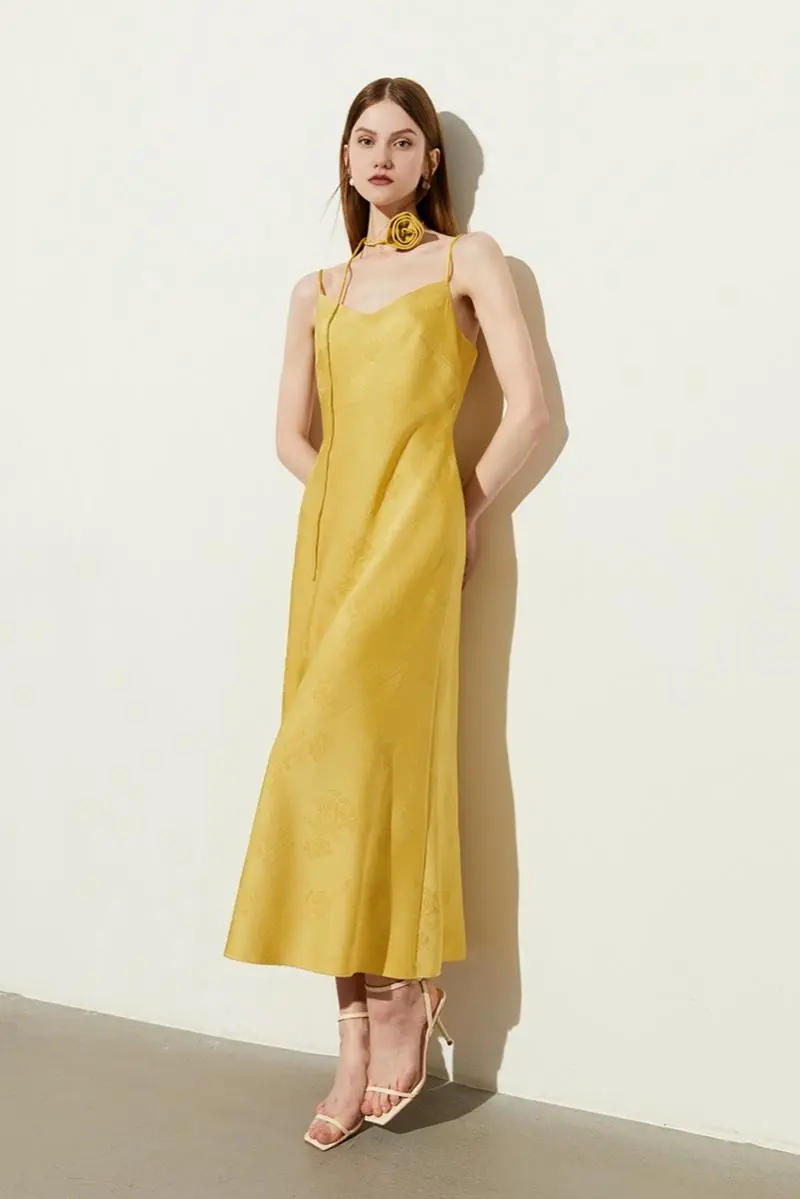Elegant Jacquard Satin Slip Maxi Dress - HBQMJX