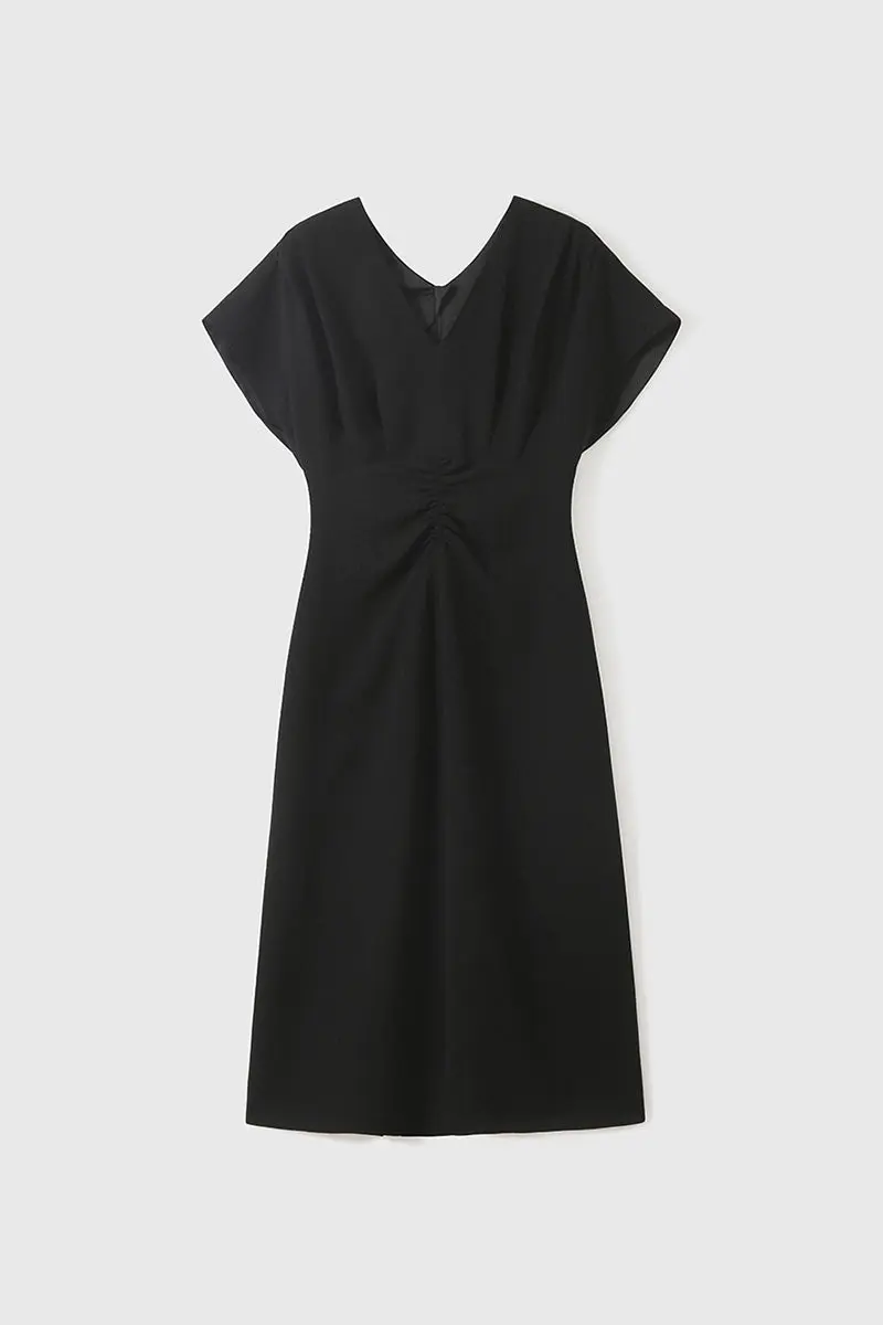 Black Triacetate V-Neck Gathered Waist Midi Dress - HBQMJX