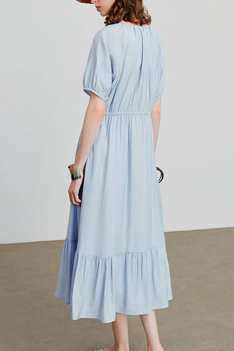 Baby Blue Textured Vacation Midi Dress with Beaded Neckline - HBQMJX