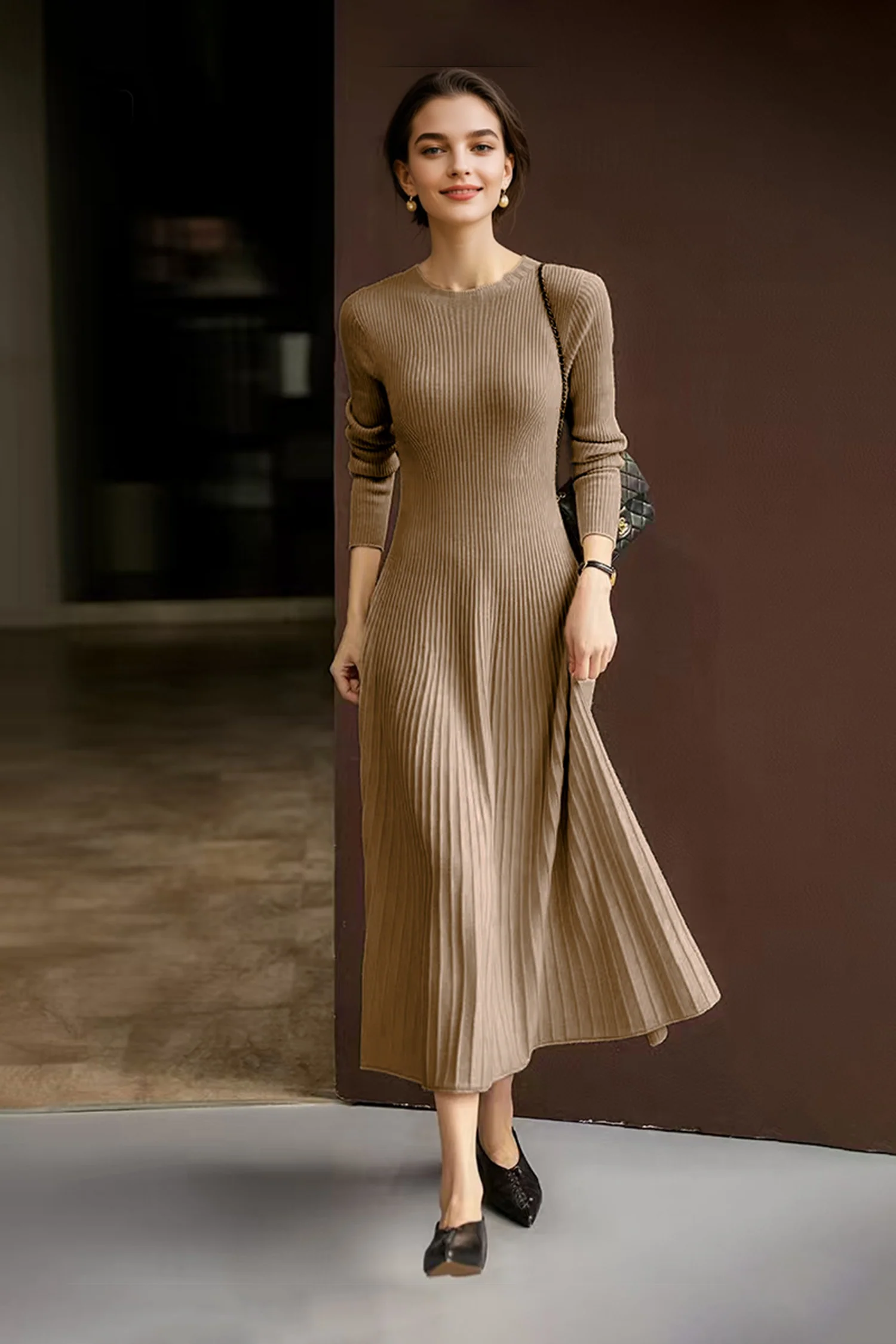 100% Wool Long Sleeve Crewneck Midi Sweater Dress - HBQMJX