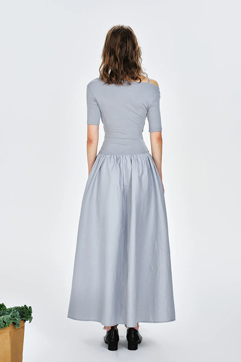 Blue Off-the-Shoulder Ruched Fit & Flare Maxi Dress - HBQMJX