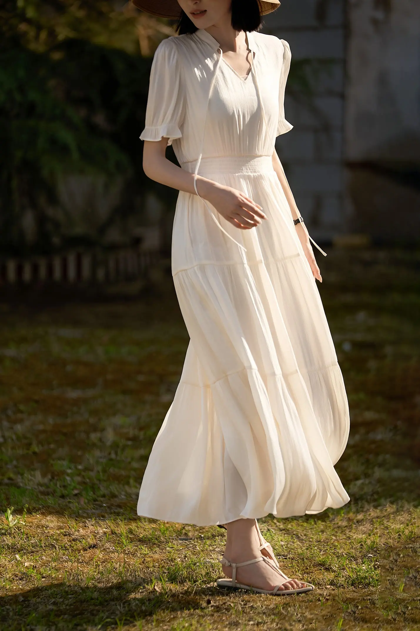 White Silky Tiered Puff-Sleeve Maxi Dress - HBQMJX