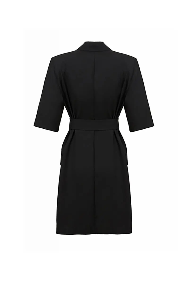 Black Double-Breasted Belted Blazer Mini Dress with Elbow Sleeve - HBQMJX