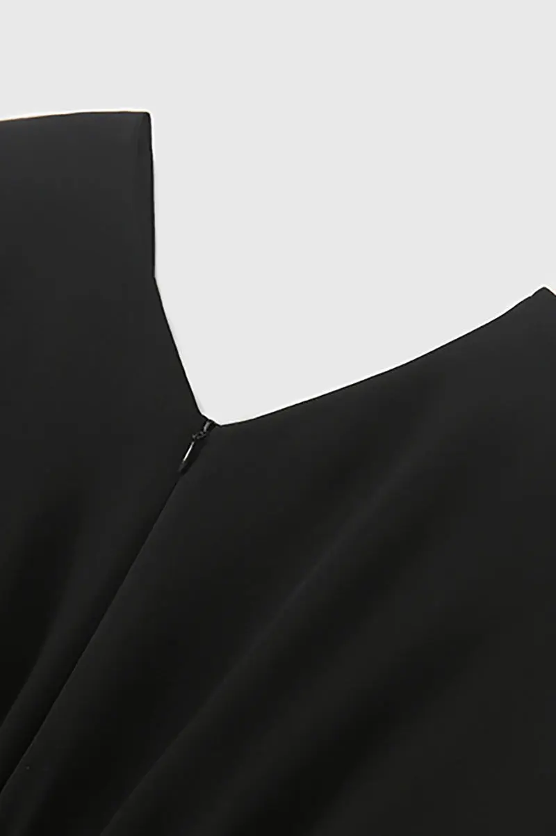 Black Triacetate V-Neck Gathered Waist Midi Dress - HBQMJX