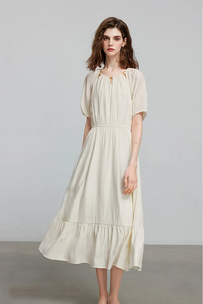 White Textured Vacation Midi Dress with Beaded Neckline - HBQMJX