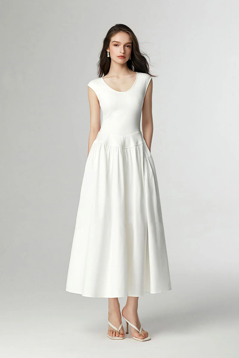 White Fit & Flare Cap-Sleeve Scoop-Neck Midi Dress - HBQMJX