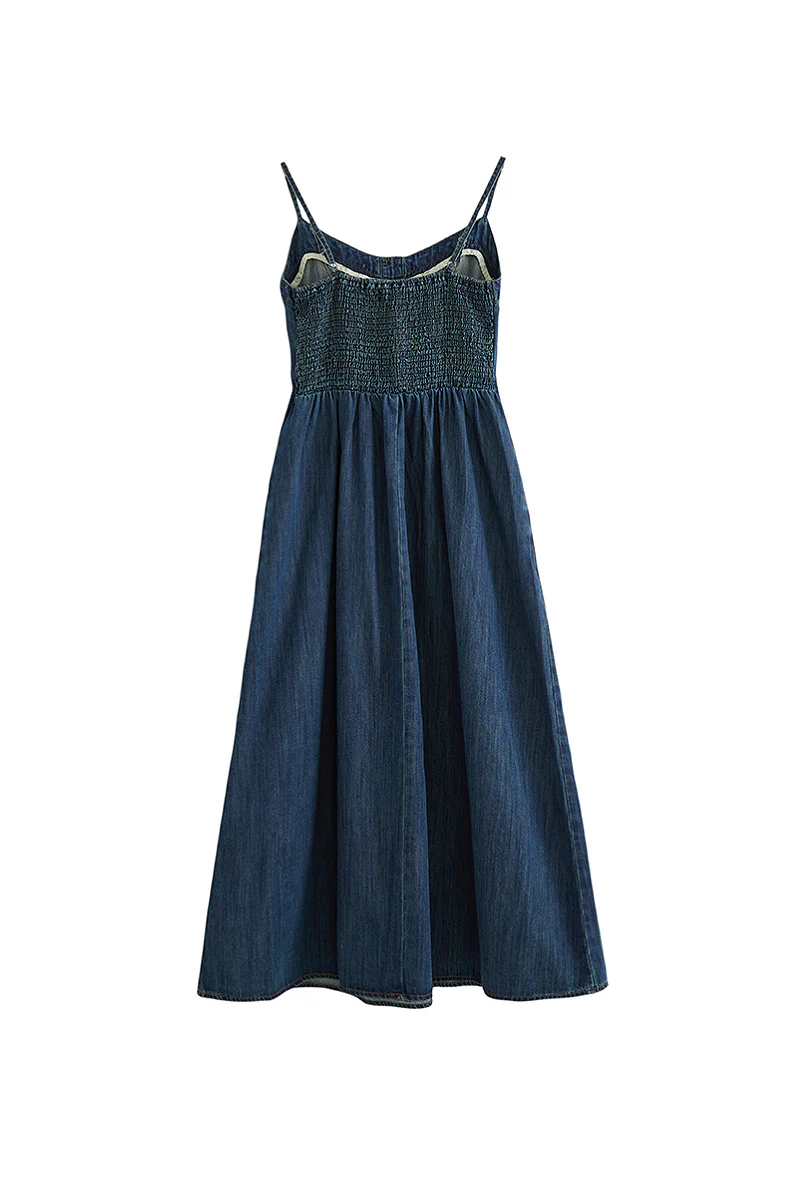 Denim Spaghetti-Strap Midi Dress With Pockets - HBQMJX