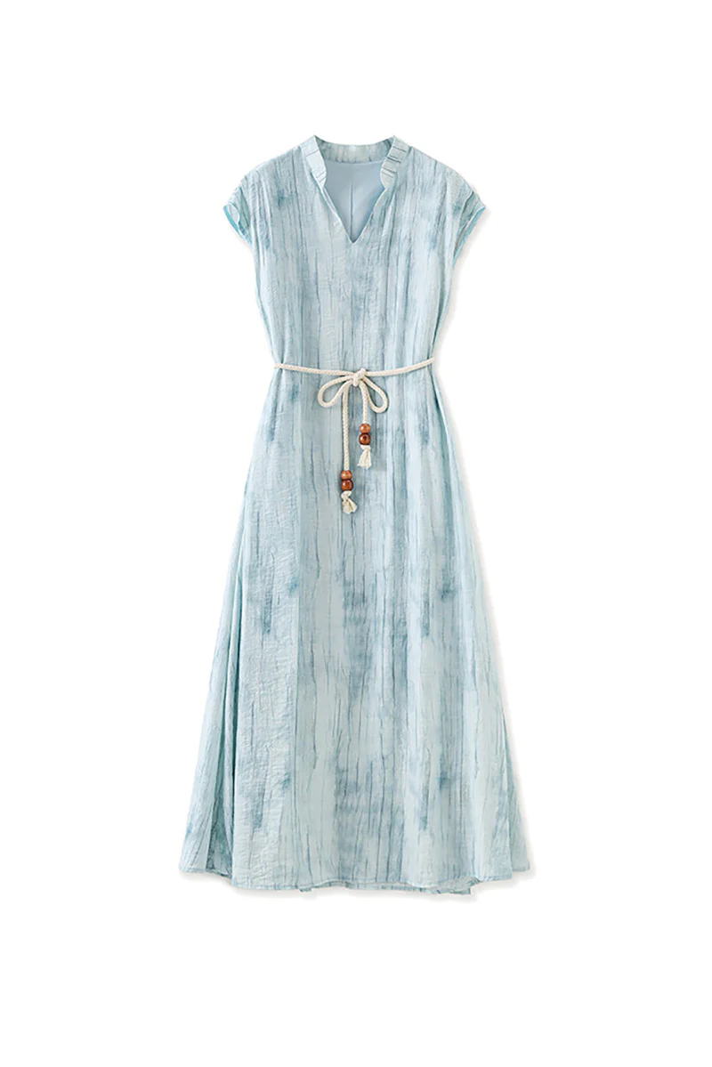 Tie-Dye Textured Cap-Sleeve Midi Dress in Light Blue - HBQMJX