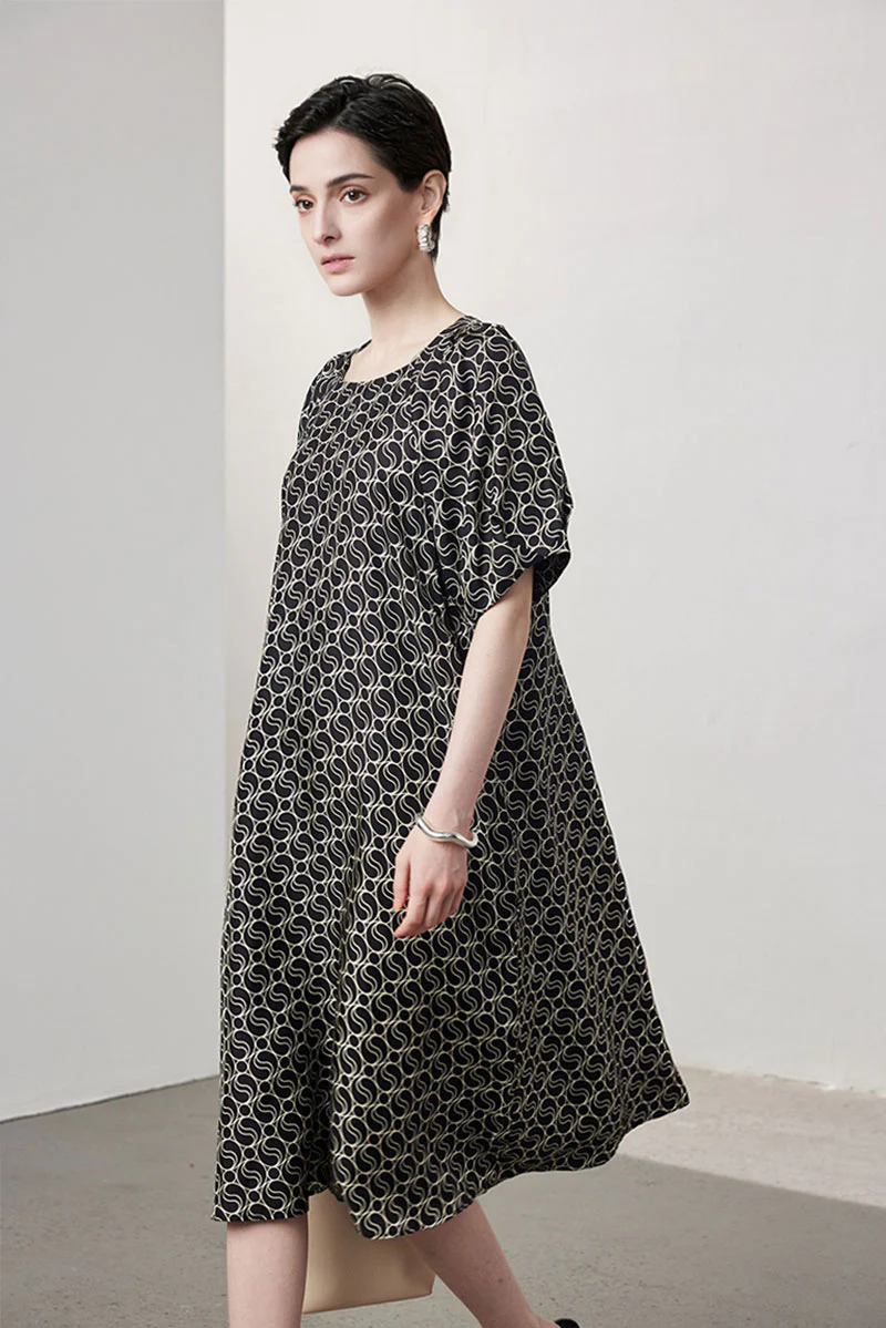 100 Mulberry Silk Chain Print Puff-Sleeve Belted Midi Dress with Pockets - HBQMJX