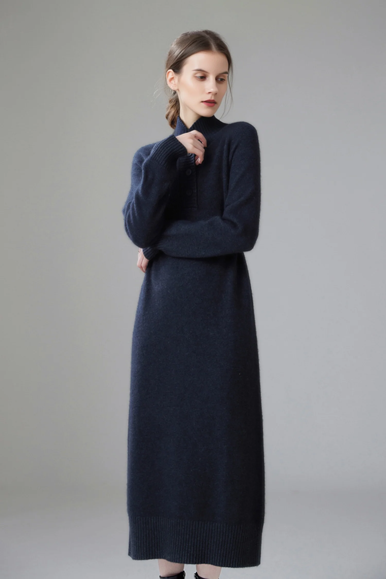 Chunky Wool Long Sleeve Turtleneck Maxi Sweater Dress - HBQMJX