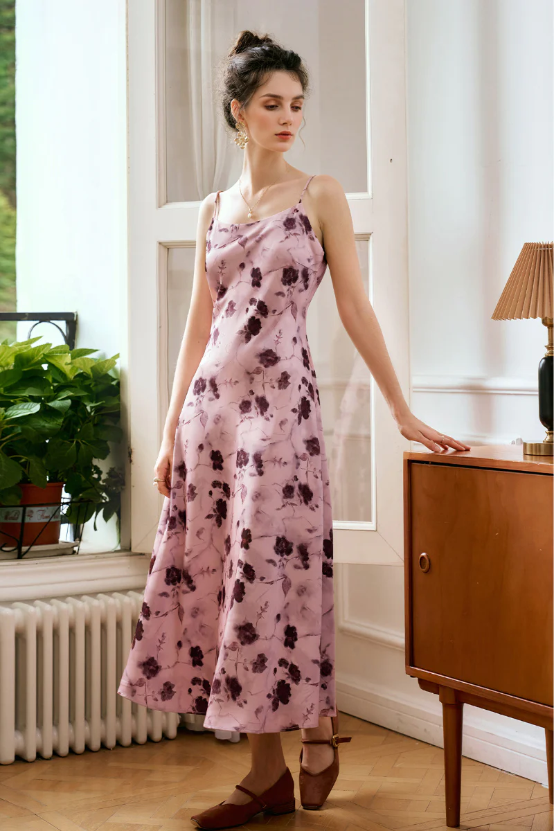 Pink Floral Satin Slip Midi Dress - HBQMJX