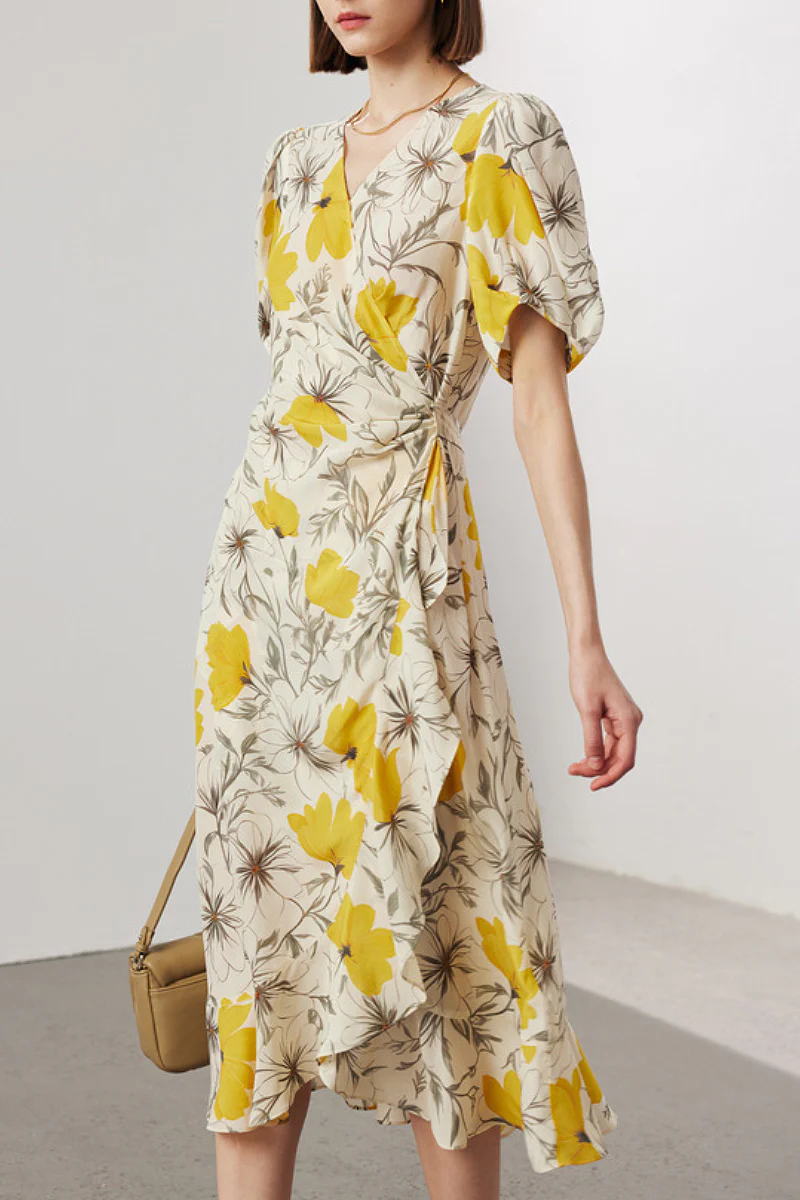 100 Mulberry Silk Floral Puff-Sleeve V-Neck Ruffle Wrap Midi Dress - HBQMJX