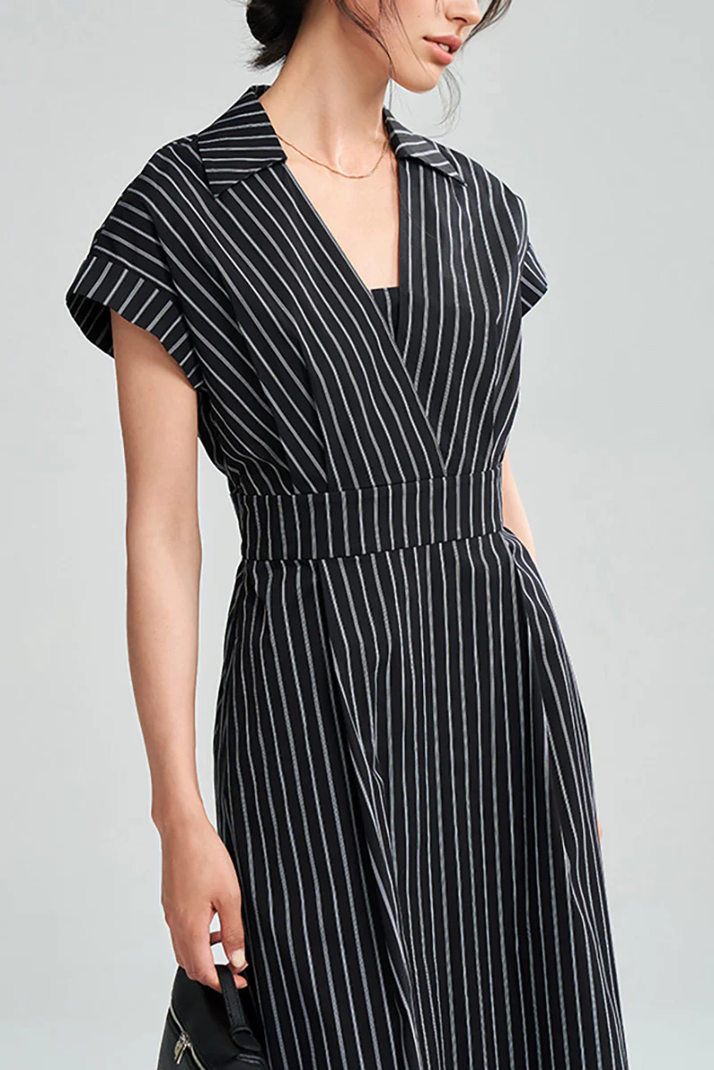 Black & White Striped A-Line Cap-Sleeve Midi Dress - HBQMJX