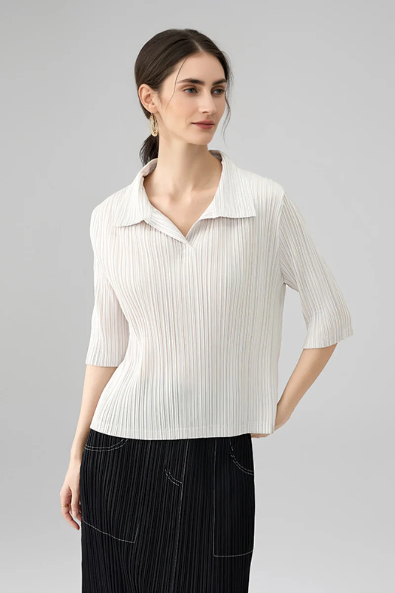Designer-Inspired Pleated Elbow-Sleeve Polo Shirt - HBQMJX