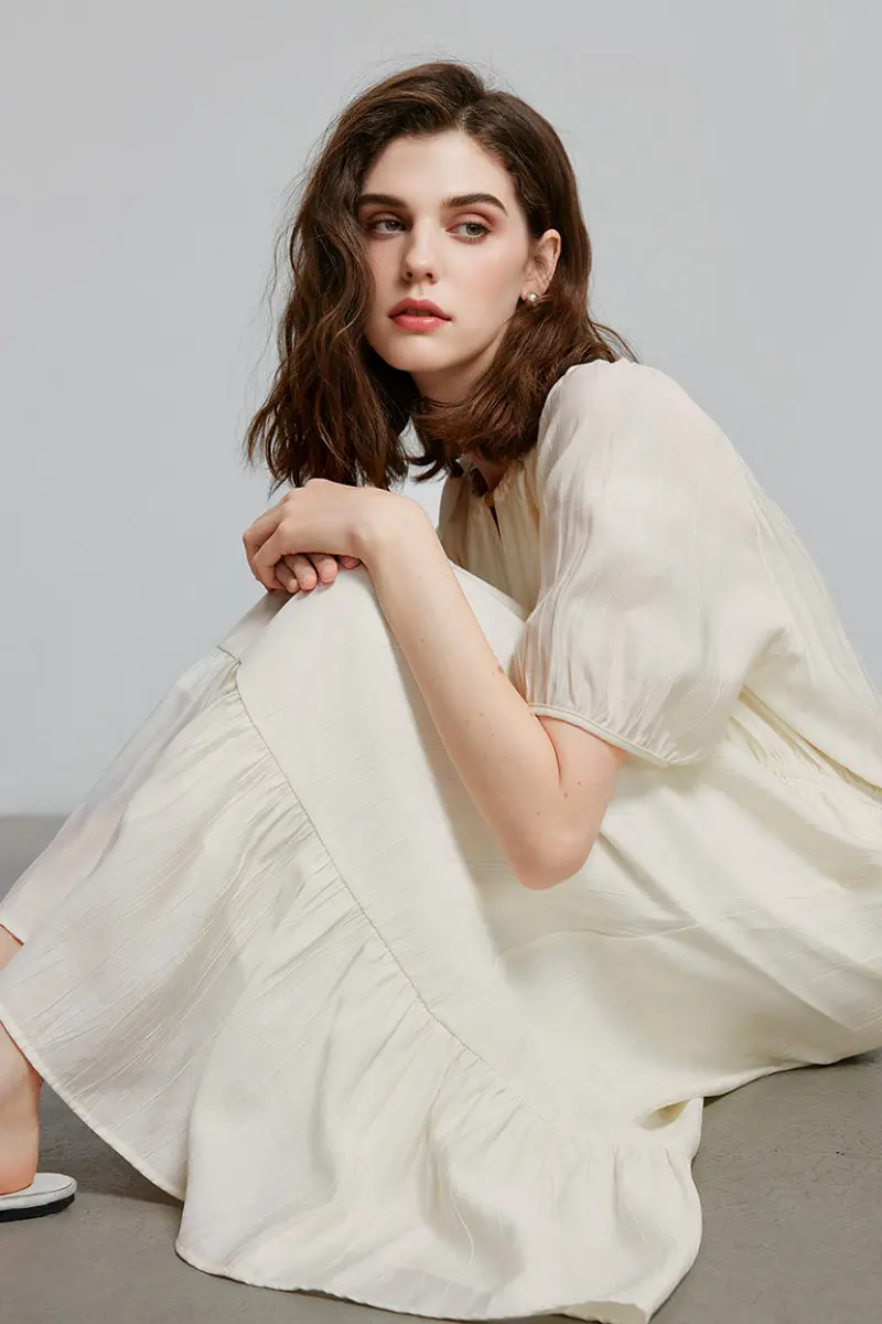 White Textured Vacation Midi Dress with Beaded Neckline - HBQMJX