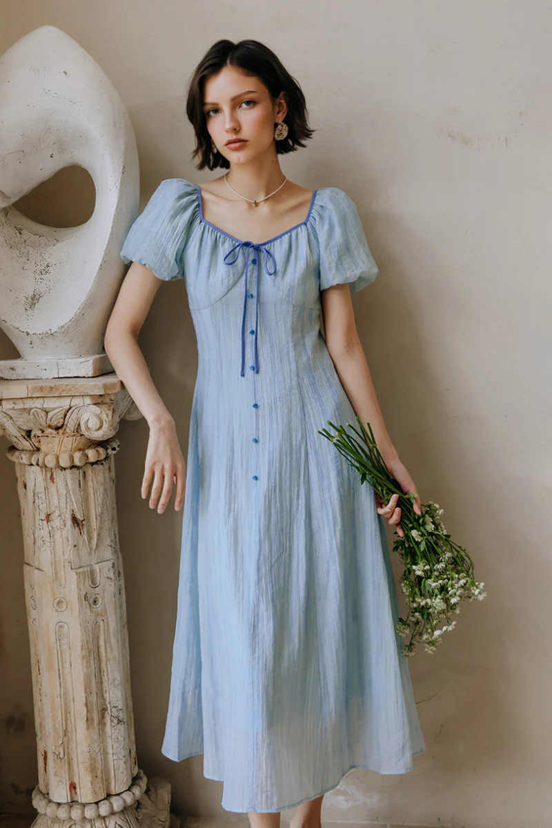 Baby Blue Lyocell V-Neck Puff-Sleeve Midi Dress - HBQMJX