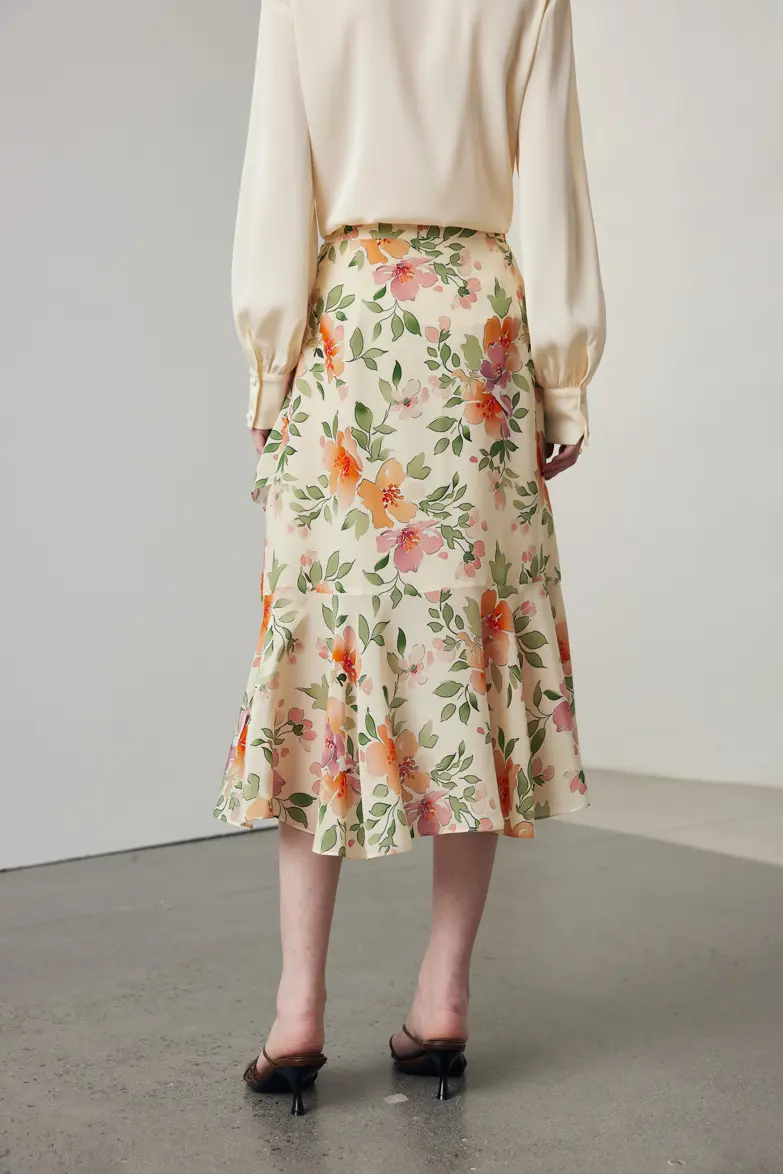 Asymmetric Silk Ruffled Floral Midi Skirt - HBQMJX
