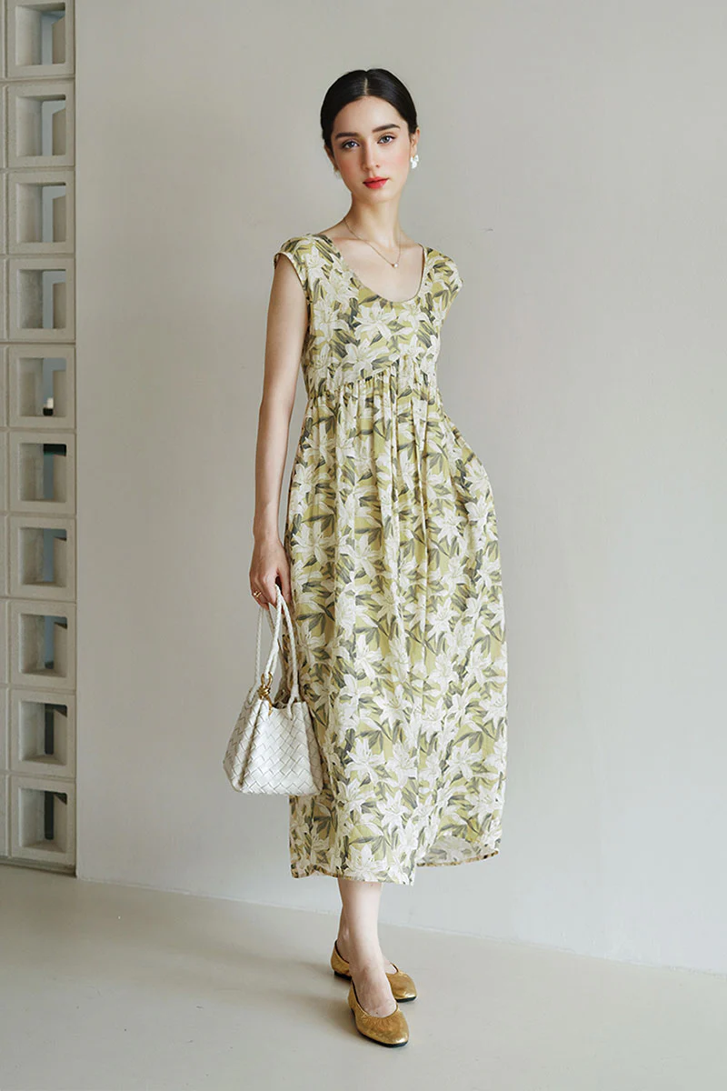 Pure Ramie Floral Sleeveless Scoop-Neck Midi Dress - HBQMJX