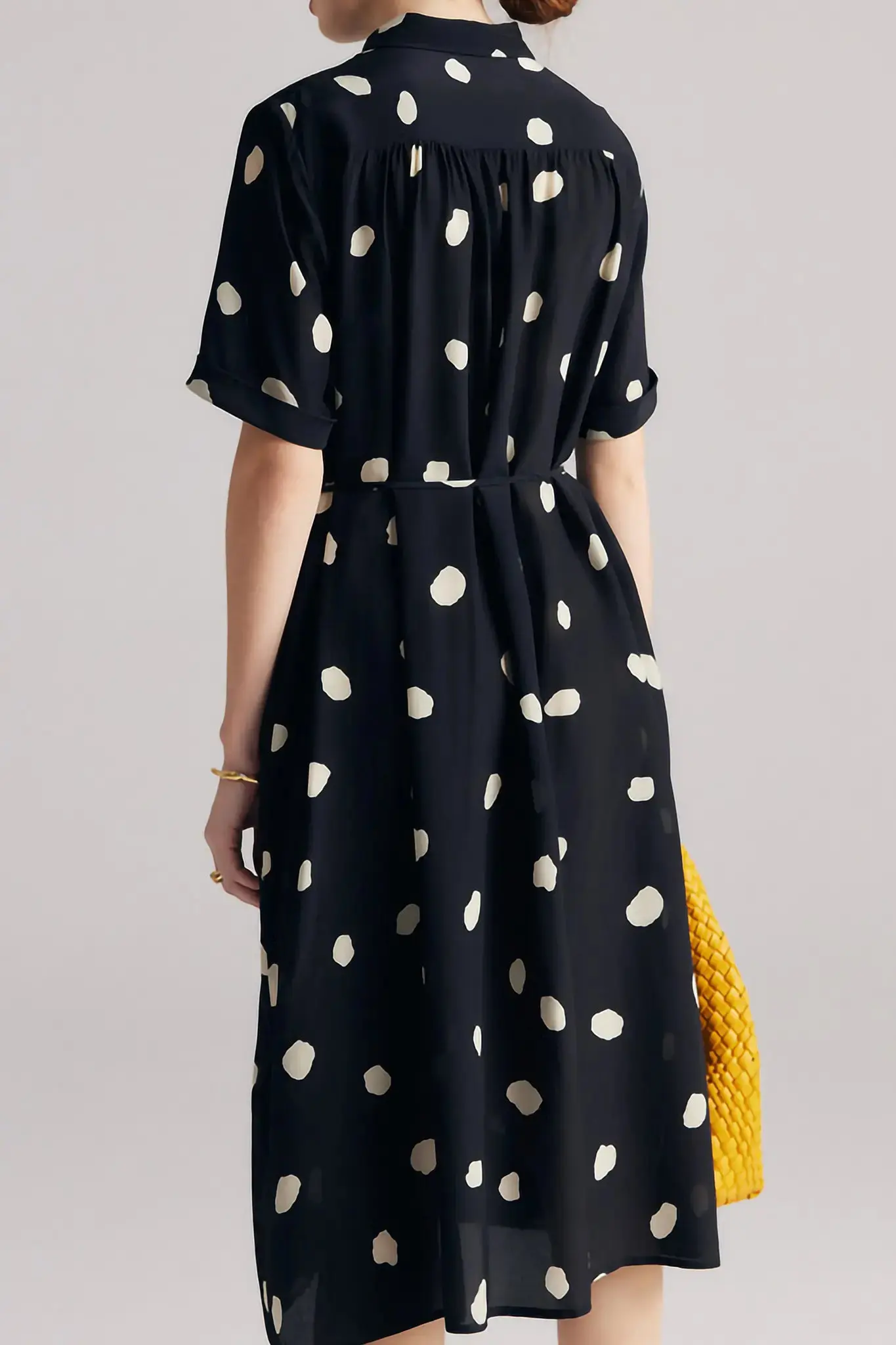 Women's Short Sleeve Polka Dot Silk Dress - HBQMJX