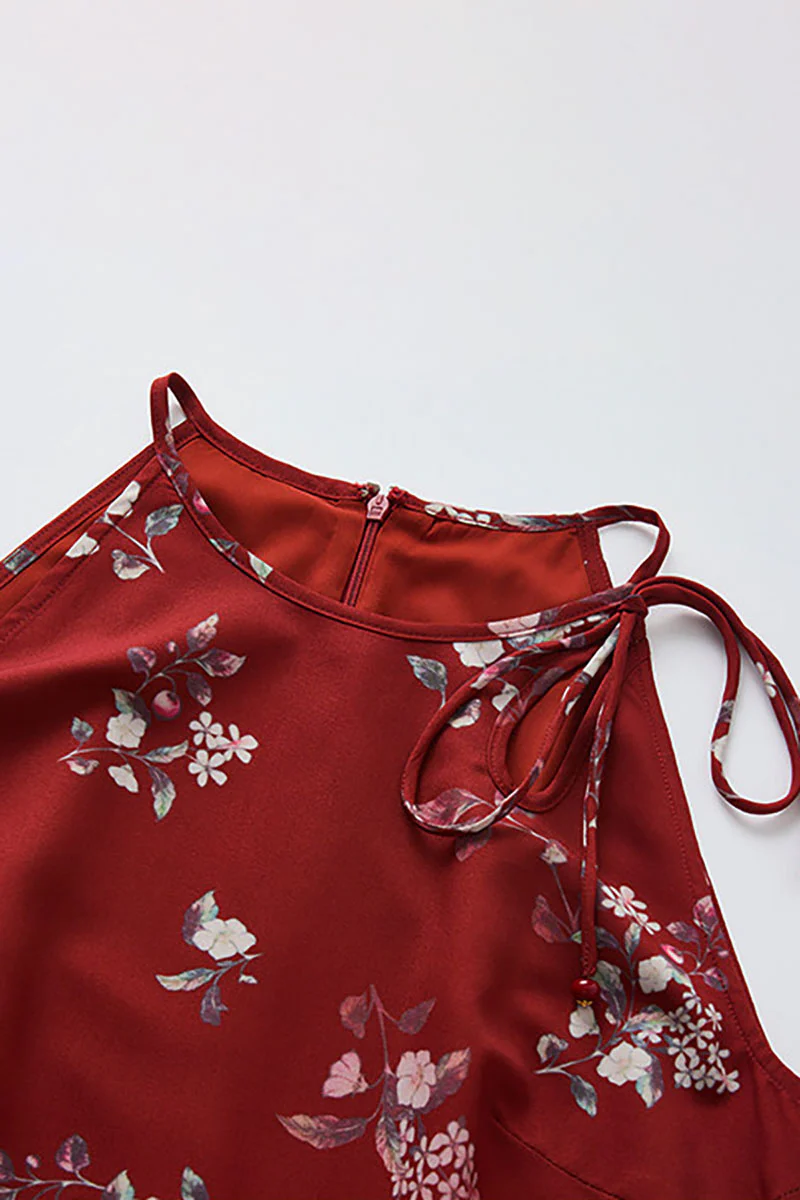 Red Jacquard Halter Midi Dress with Shoulder Bow - HBQMJX