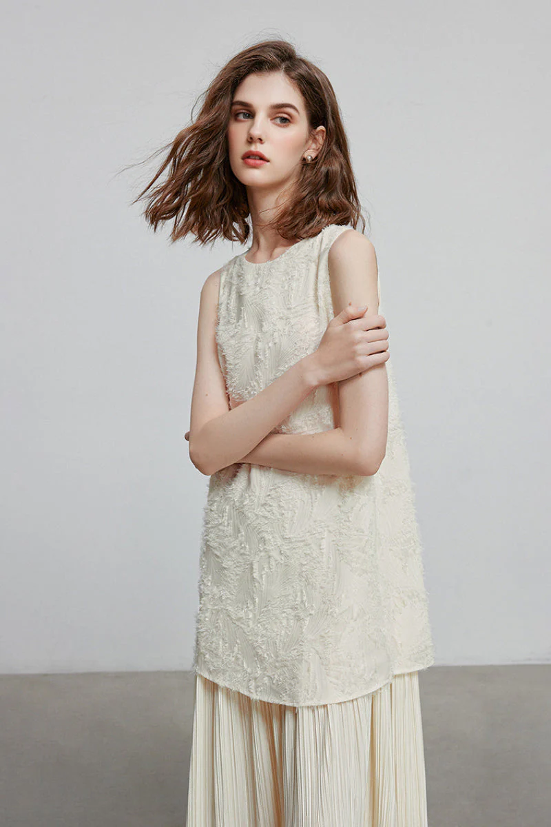 White Pleated Frayed Jacquard Mixed-Media Midi Dress - HBQMJX