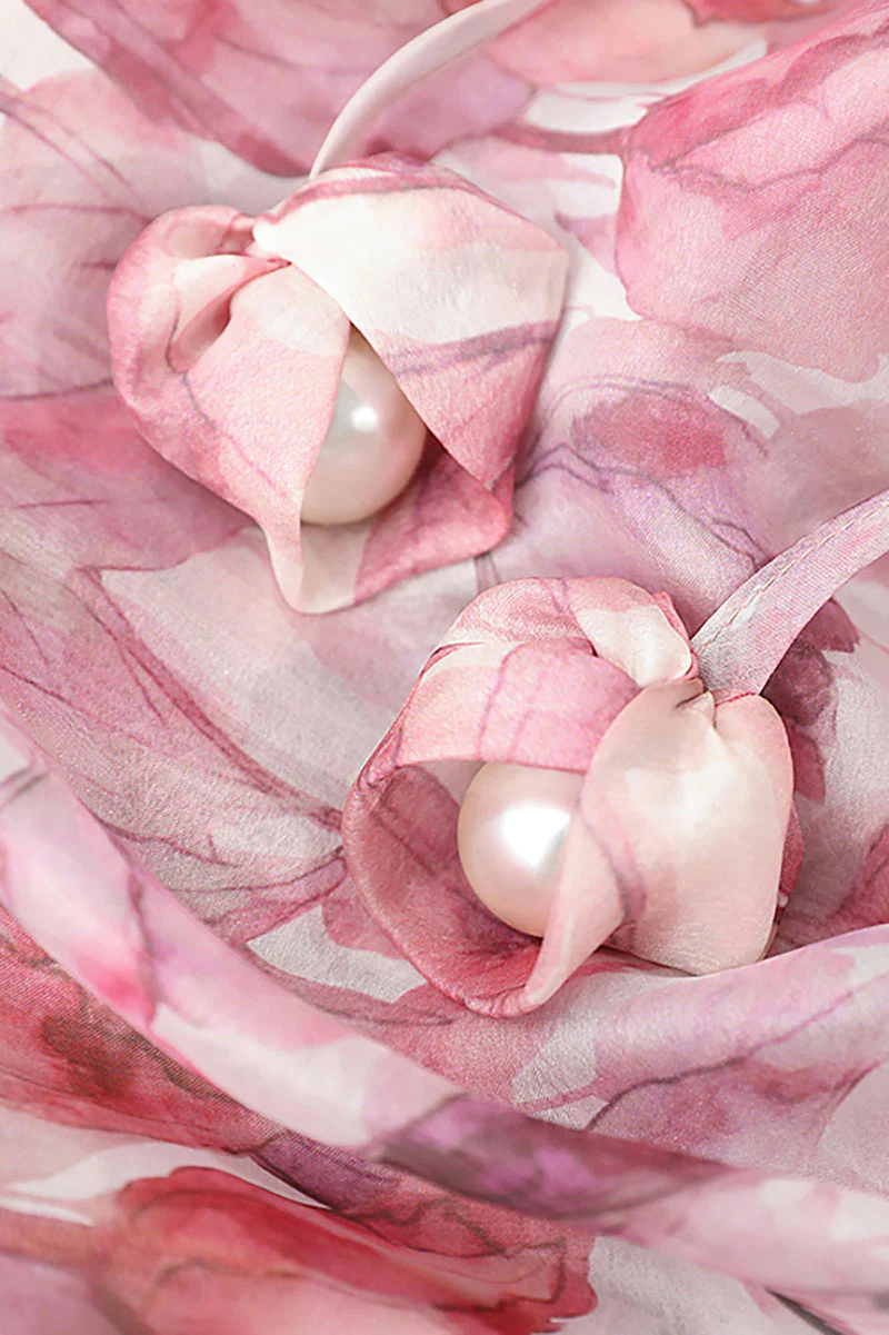 Boho Flower Balloon-Sleeve V-Neck Chiffon Maxi Dress with Underdress - HBQMJX