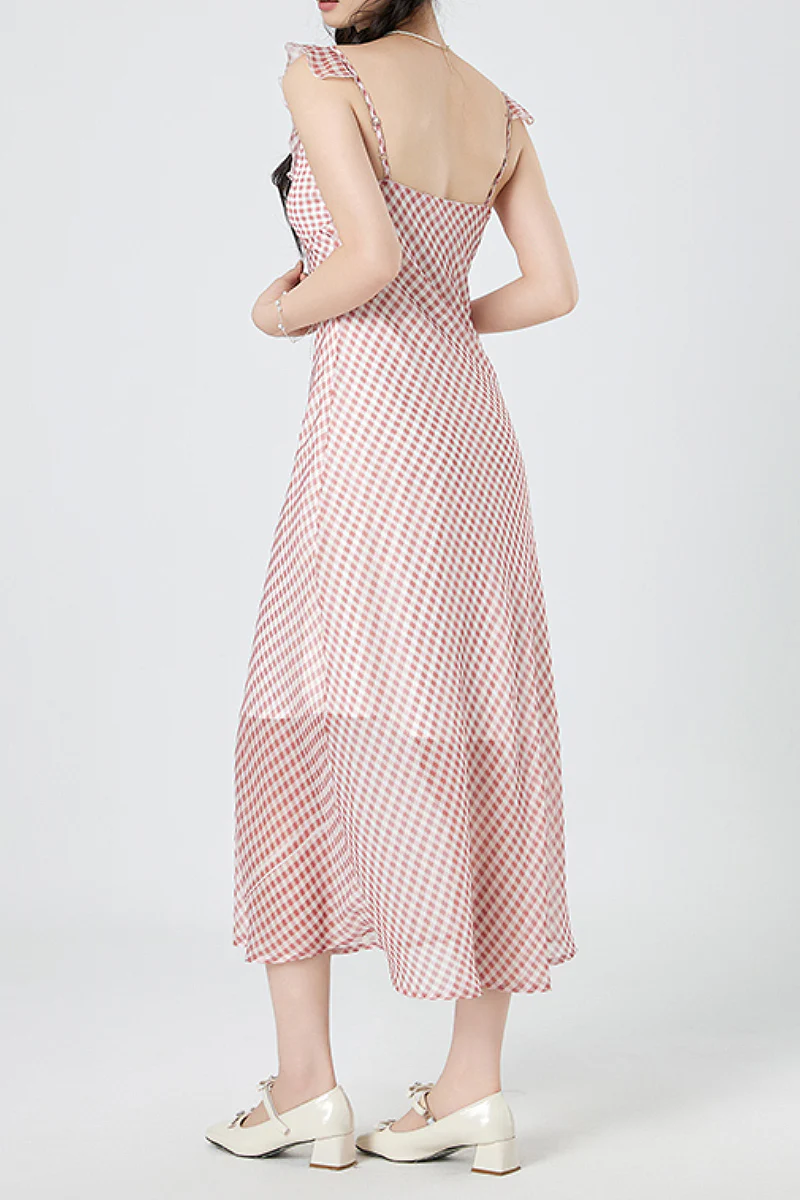 Picnic Gingham Tie-Front Ruffle-Neck Midi Dress - HBQMJX