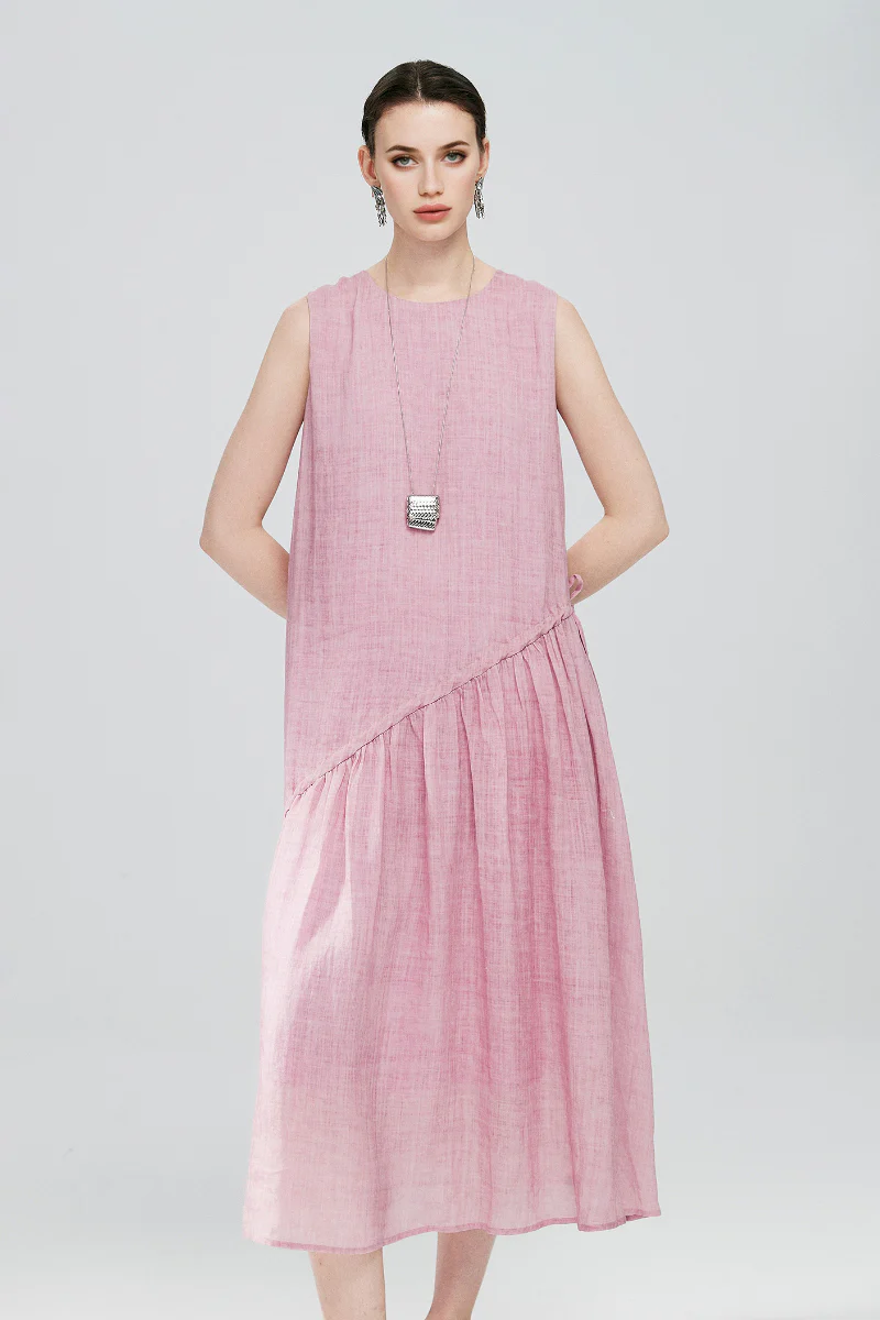 Pink Cotton-Linen Tiered Swing Beach Tank Midi Dress - HBQMJX
