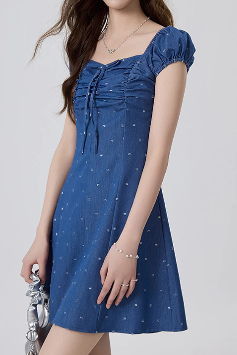 Denim Puff-Sleeve Tie-Front Lightly Distressed Mini Dress - HBQMJX