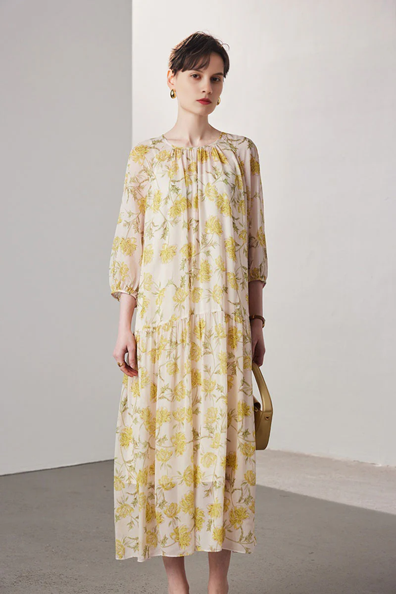100 Mulberry Silk Floral  Balloon-Sleeve Drop Waist Midi Dress - HBQMJX