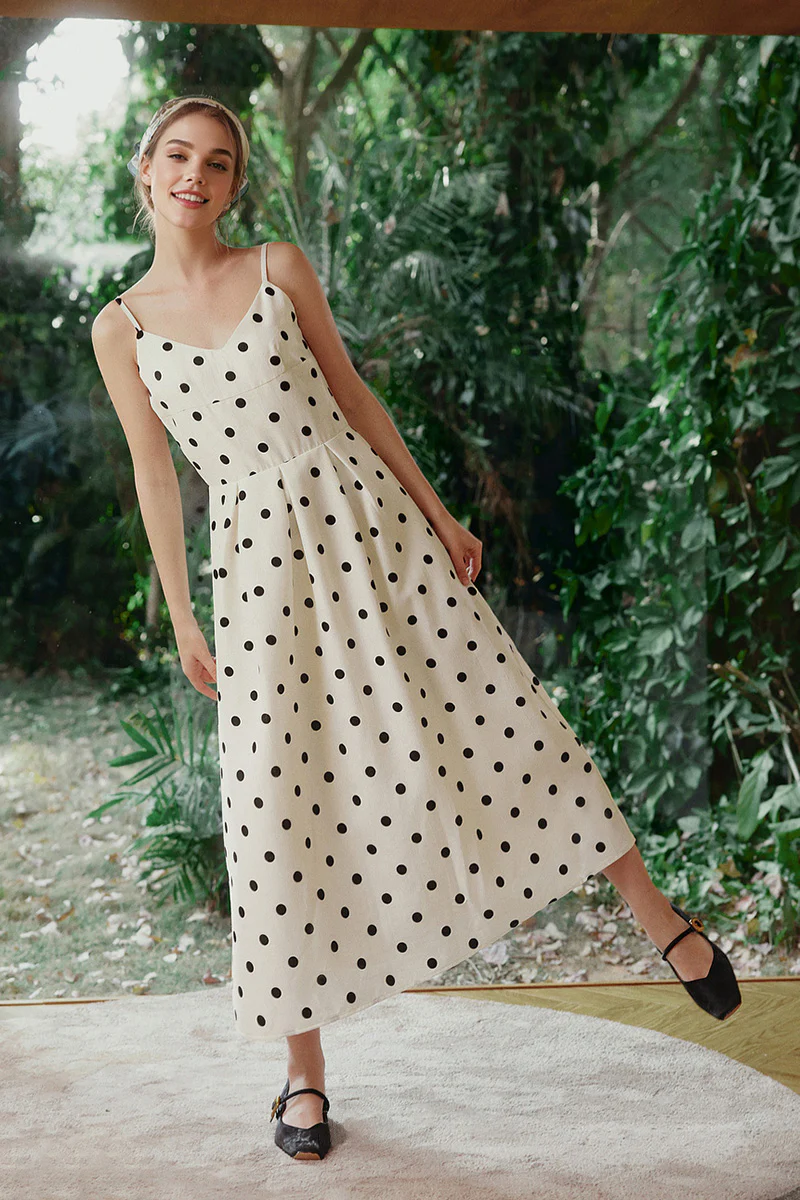 White Polka-Dot Spaghetti-Strap Midi Dress - HBQMJX