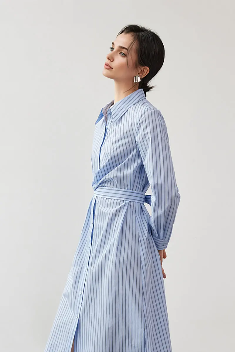 French Chic Wrap Waist Stripe Shirt Dress - JIEEQQ