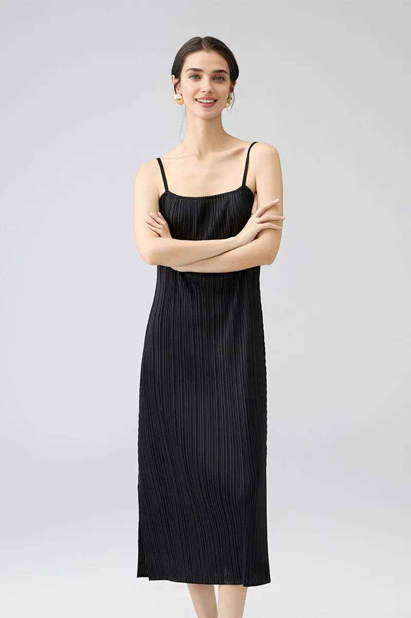 Designer Inspired Pleated Midi Slip Dress - HBQMJX