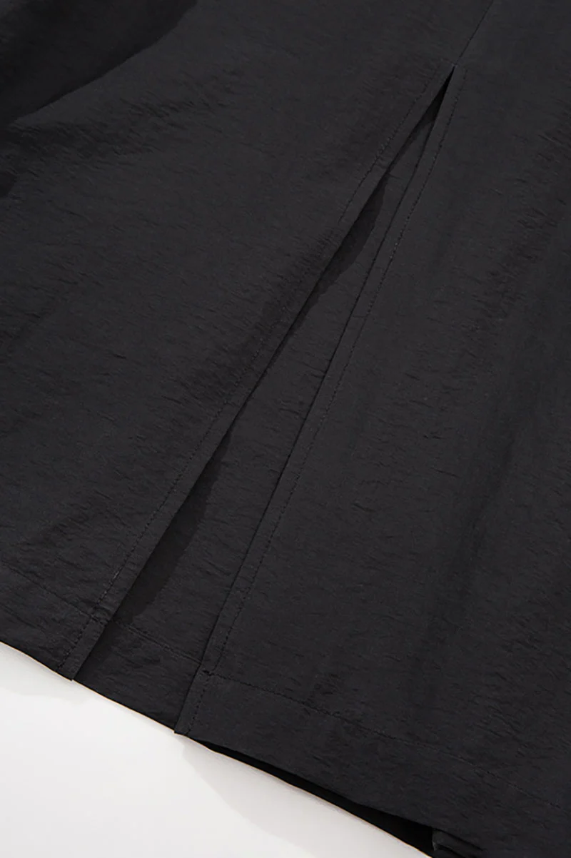 Black Long-Staple Cotton Midi Dress with Front Pleat - HBQMJX