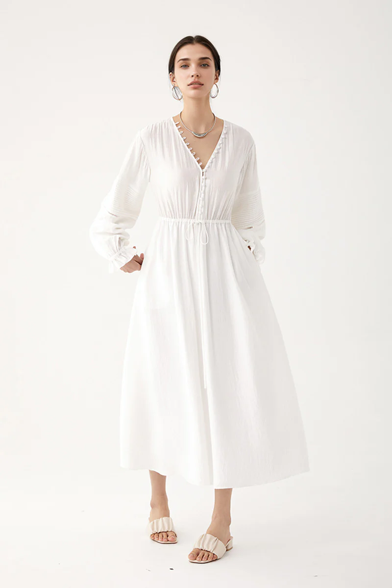 White Lantern-Sleeve V-Neck Midi Dress - HBQMJX