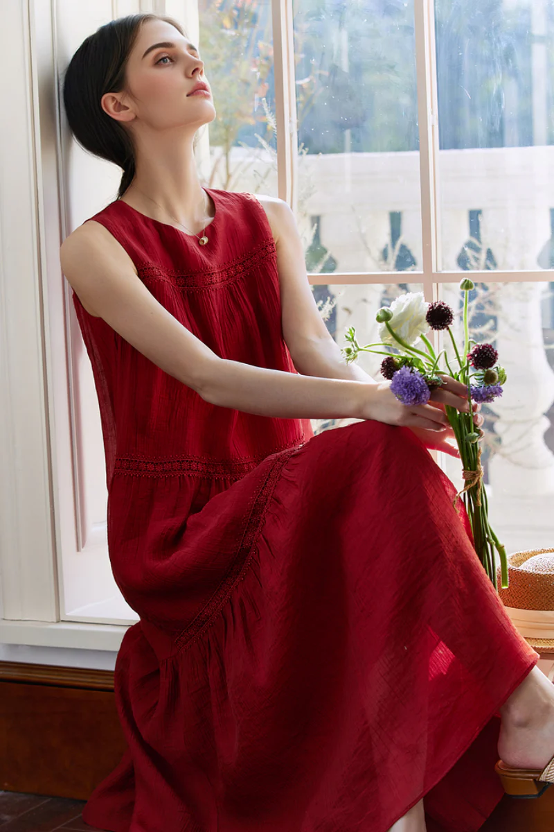 Red Tiered Sleeveless Tank Midi Dress with Embroidered Detail - HBQMJX