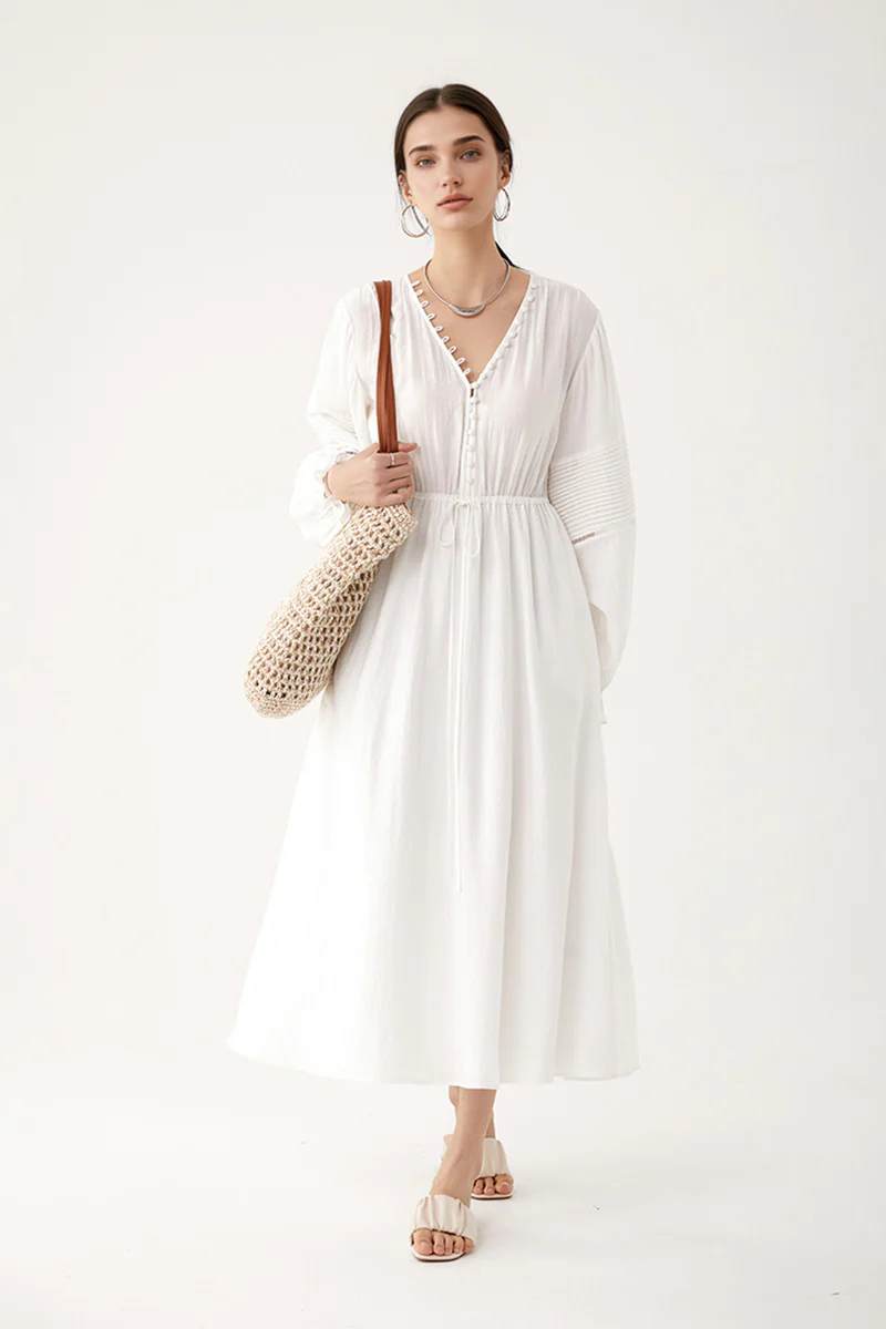 White Lantern-Sleeve V-Neck Midi Dress - HBQMJX